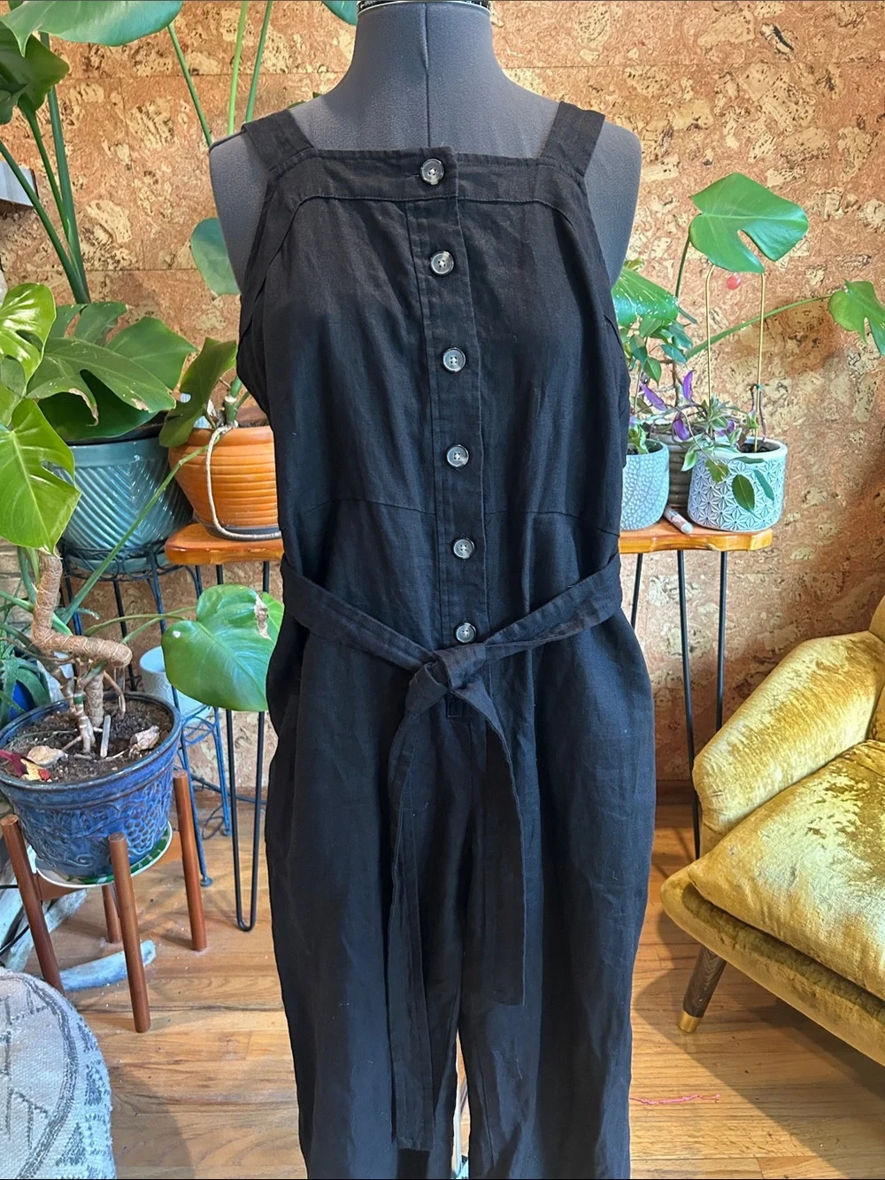 Everlane Black Linen Button-Front Jumpsuit with Tie Waist